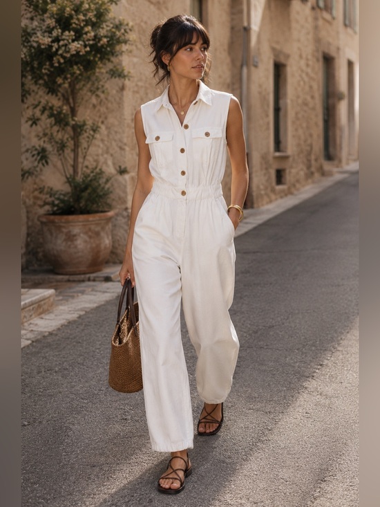 Zara Pants - ZARA Cotton White Sleeveless Barrel Let Utility Jumpsuit • XL NWT